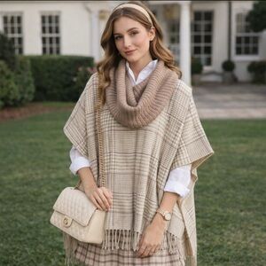 V.FRAAS Plaid Cozy Oversized Preppy Academia Warm Poncho Cape Shawl One Size NEW